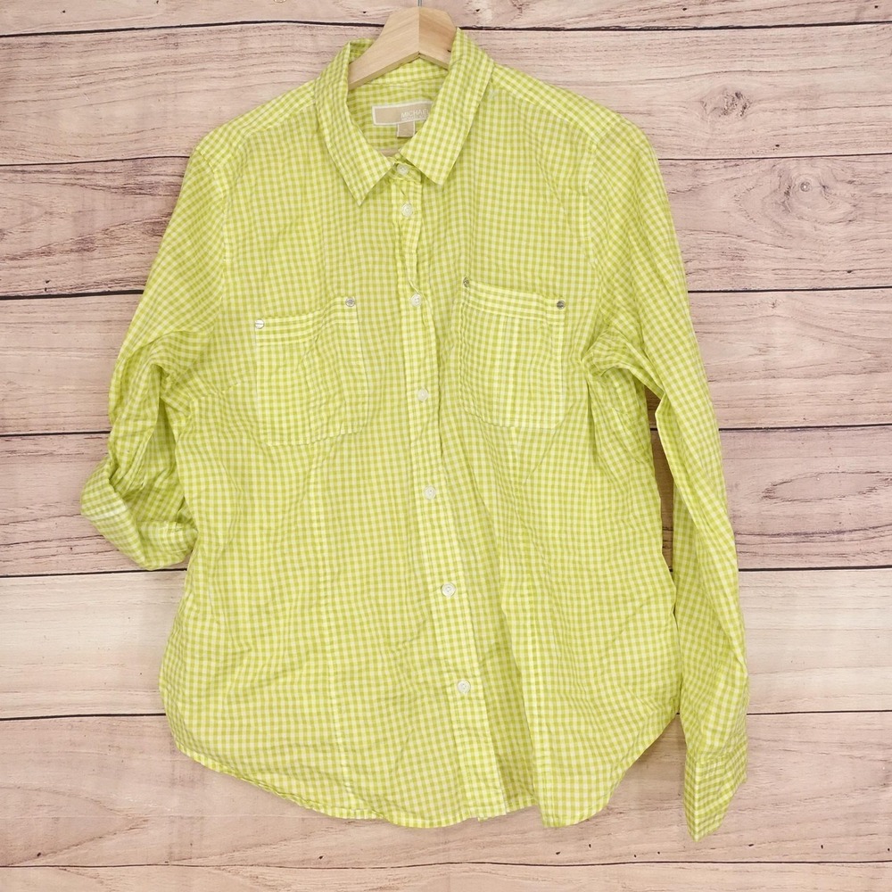 Michael Kors Button-Up Womens XL Green‎ Check Lightweight Roll Tab Shirt